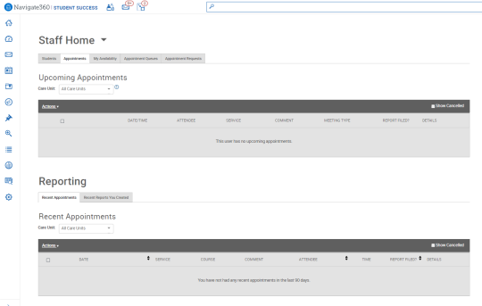 Screenshot of Sonoma State University Navigate360 Staff Home page under the “Appointments” tab, showing no upcoming appointments and no recent appointments.