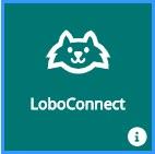 Green square icon with a white wolf head logo above the text “LoboConnect.” A small circular information icon is in the bottom right corner.