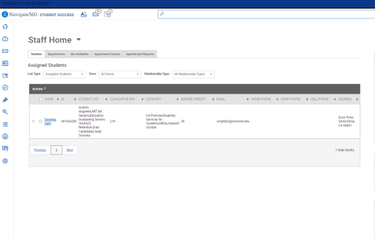 Screenshot of Sonoma State University Navigate360 Staff Home page under the “Students” tab, showing one assigned student, Sally Sonoma
