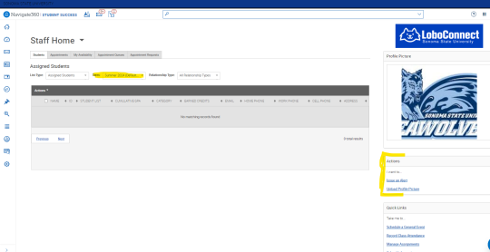Screenshot of Sonoma State University Navigate360 Staff Home page under the “Students” tab, filtered by Summer 2024 term, showing no matching student records. On the right sidebar, actions include issuing an alert and uploading a profile picture, with a Seawolf logo displayed.